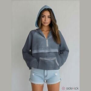 BiBi 1/2 Zip Corduroy Hoodie Pullover Long Sleeves Cargo Pockets Slate Blue L